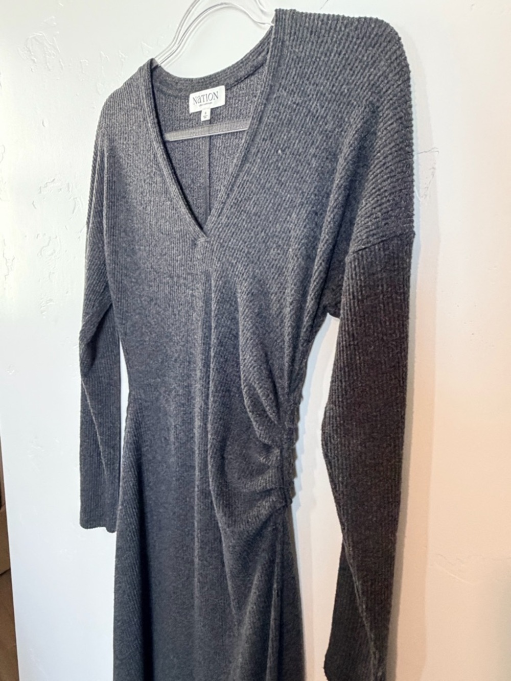 Nation LTD Grey Ruched Midi Dress Long Sleeve Minimalist Body Skimming - Picture 4 of 6